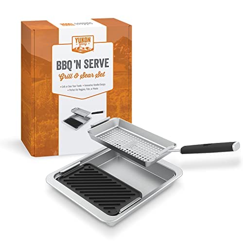 Yukon Glory SEAR 'N SERVE Cast Iron Grill Pan Set - Includes 3 Cast Iron Grilling Baskets & Clip-On Handle - Ideal for Stove Tops or Outdoor Grills