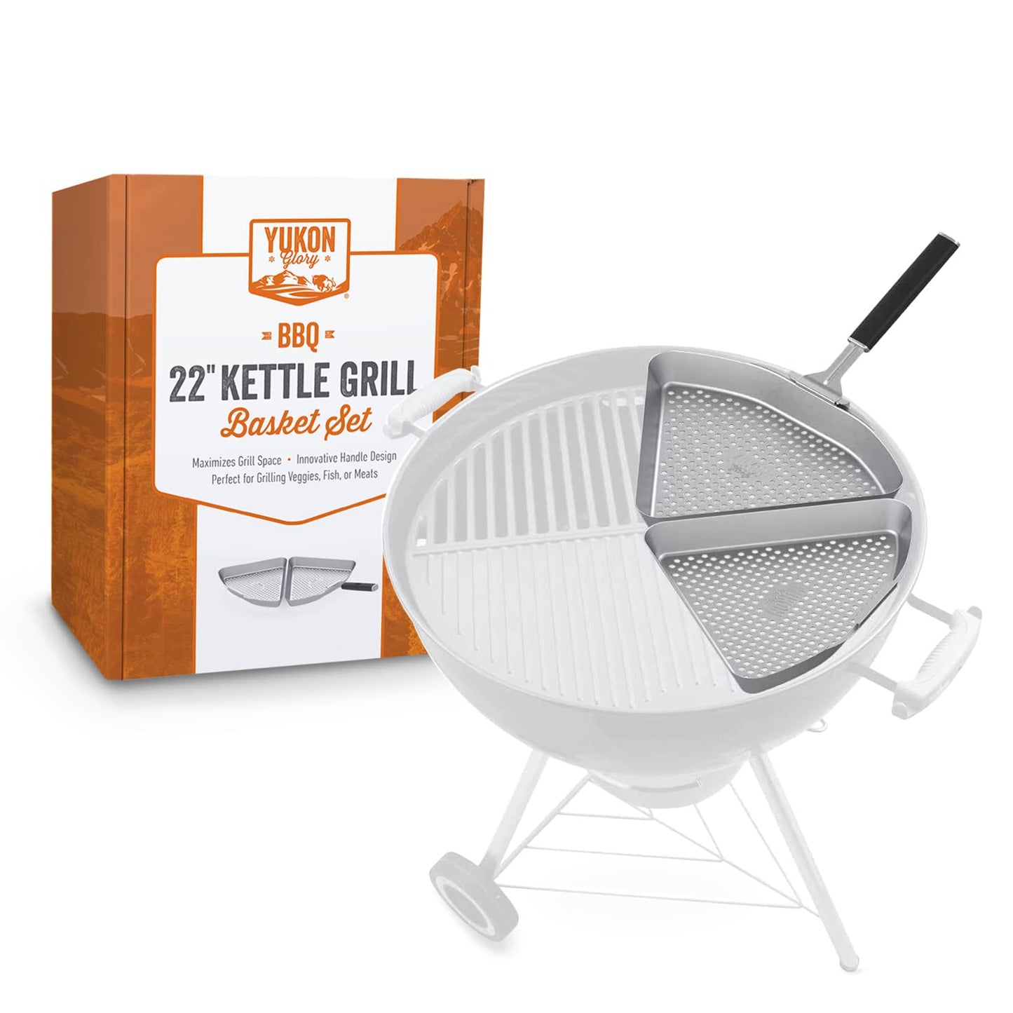 Yukon Glory™ BBQ Grill Basket for Kettle Grills - The Kettle Grill Accessories for Outdoor Grill Set Includes 2 stainless steel grilling baskets & Clip-On Handle Designed for 22" Kettle Grill Models - a Perfect Fish Grill Basket & Grill Vegetable Basket