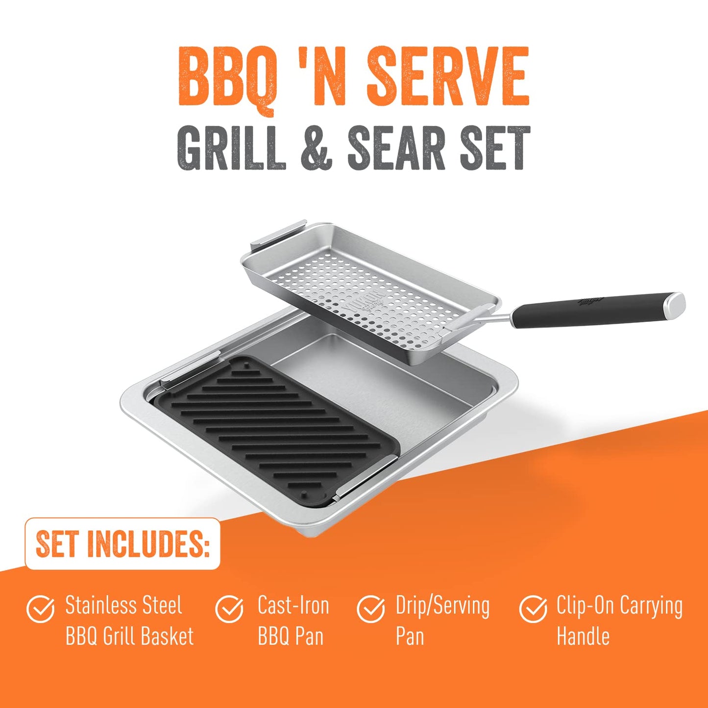 Yukon Glory SEAR 'N SERVE Cast Iron Grill Pan Set - Includes 3 Cast Iron Grilling Baskets & Clip-On Handle - Ideal for Stove Tops or Outdoor Grills