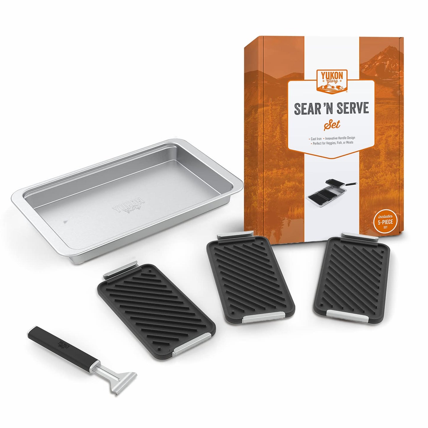 Yukon Glory SEAR 'N SERVE Cast Iron Grill Pan Set - Includes 3 Cast Iron Grilling Baskets & Clip-On Handle - Ideal for Stove Tops or Outdoor Grills