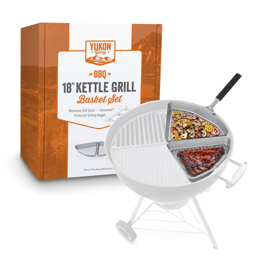 Yukon Glory™ BBQ Grill Basket for Kettle Grills - The Kettle Grill Accessories for Outdoor Grill Set Includes 2 stainless steel grilling baskets & Clip-On Handle Designed for 22" Kettle Grill Models - a Perfect Fish Grill Basket & Grill Vegetable Basket