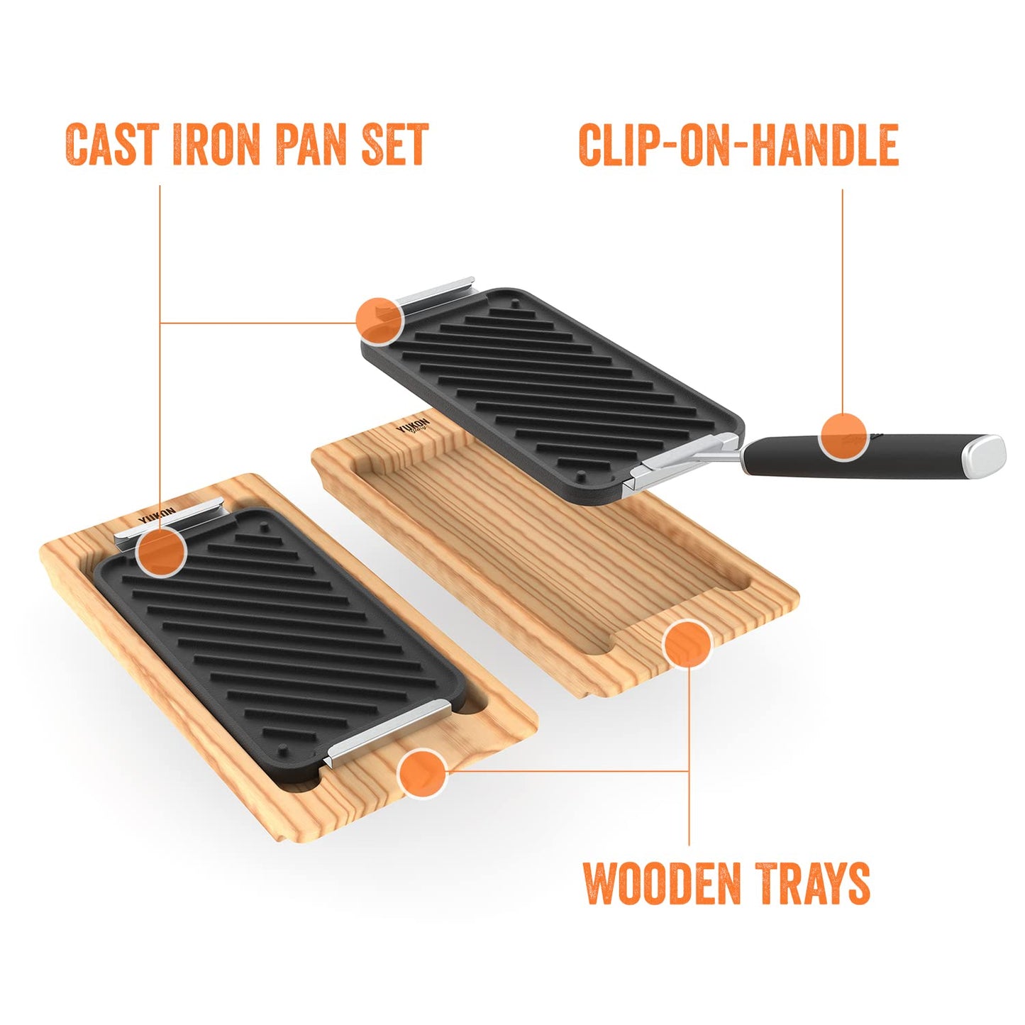 Yukon Glory SEAR 'N SERVE Cast Iron Grill Pan Set - Includes 3 Cast Iron Grilling Baskets & Clip-On Handle - Ideal for Stove Tops or Outdoor Grills