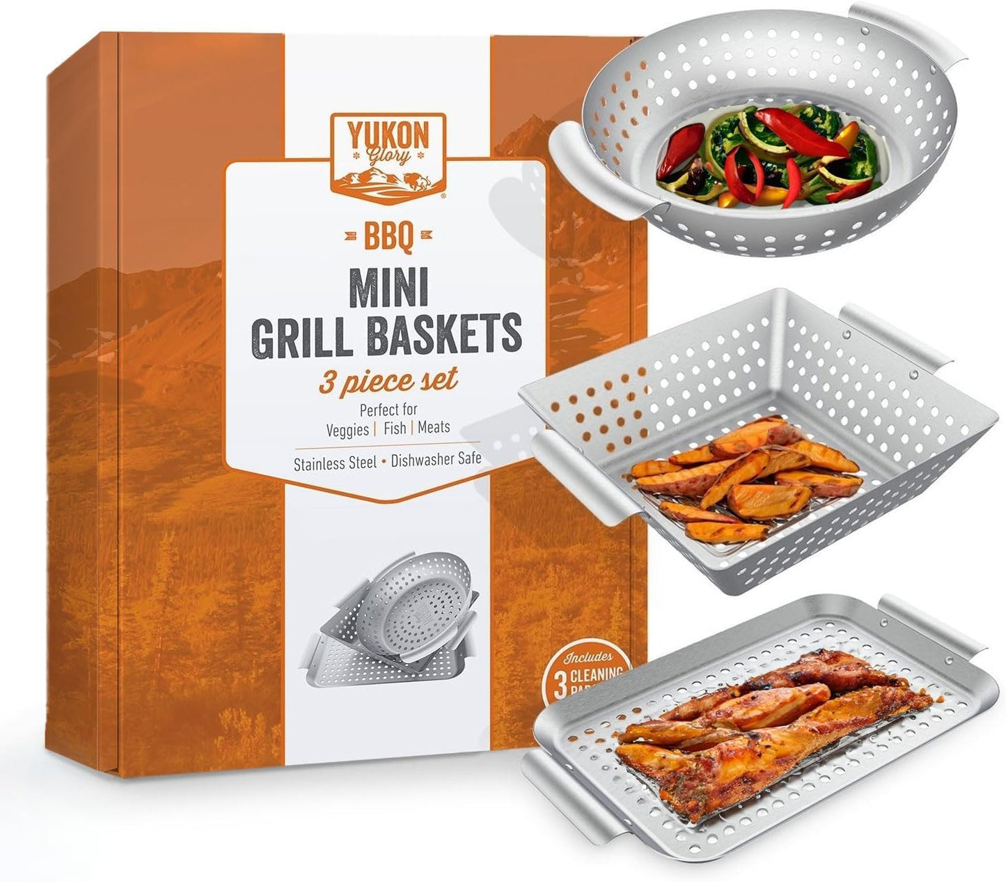 Grill Basket - Yukon Glory™ 3-Piece Mini Grilling Basket Set - Stainless Steel Perforated Grill Baskets for Grilling Veggies Seafood and Meats Includes Grill Pan - Square Basket and Circular Basket