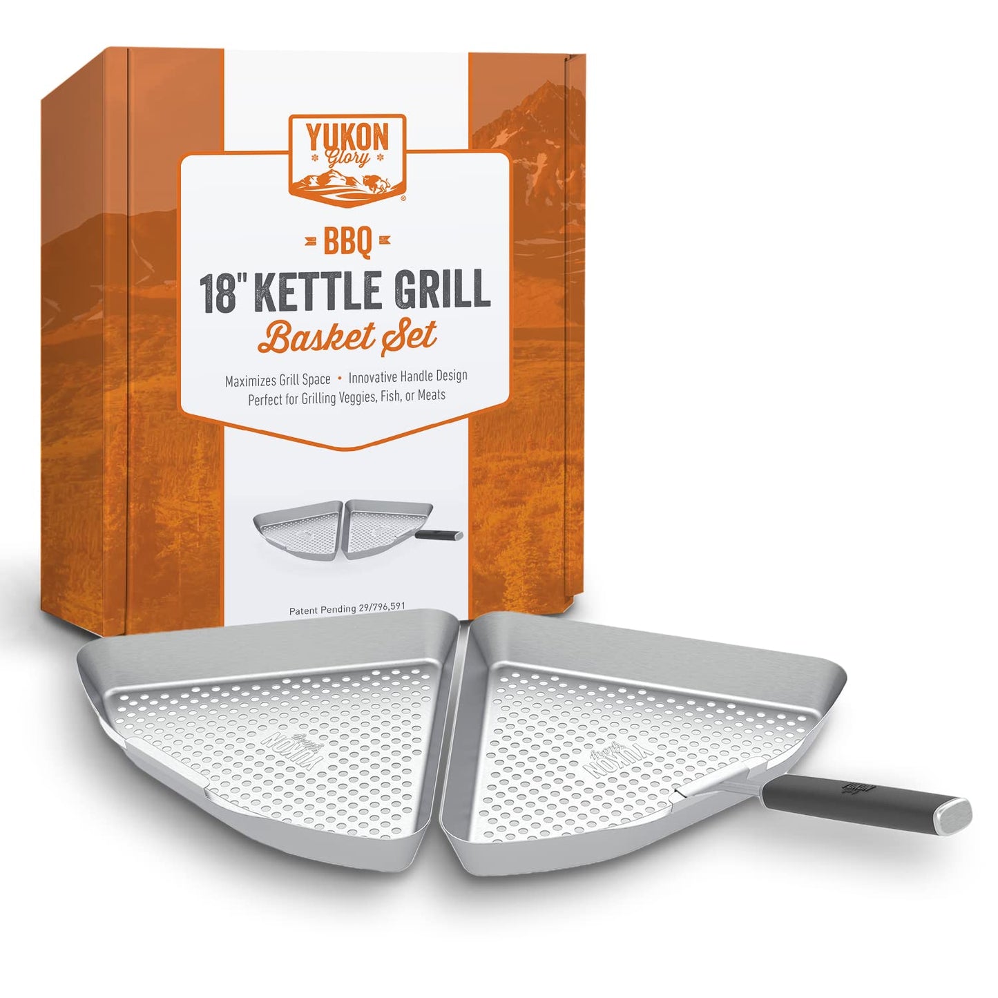 Yukon Glory™ BBQ Grill Basket for Kettle Grills - The Kettle Grill Accessories for Outdoor Grill Set Includes 2 stainless steel grilling baskets & Clip-On Handle Designed for 22" Kettle Grill Models - a Perfect Fish Grill Basket & Grill Vegetable Basket