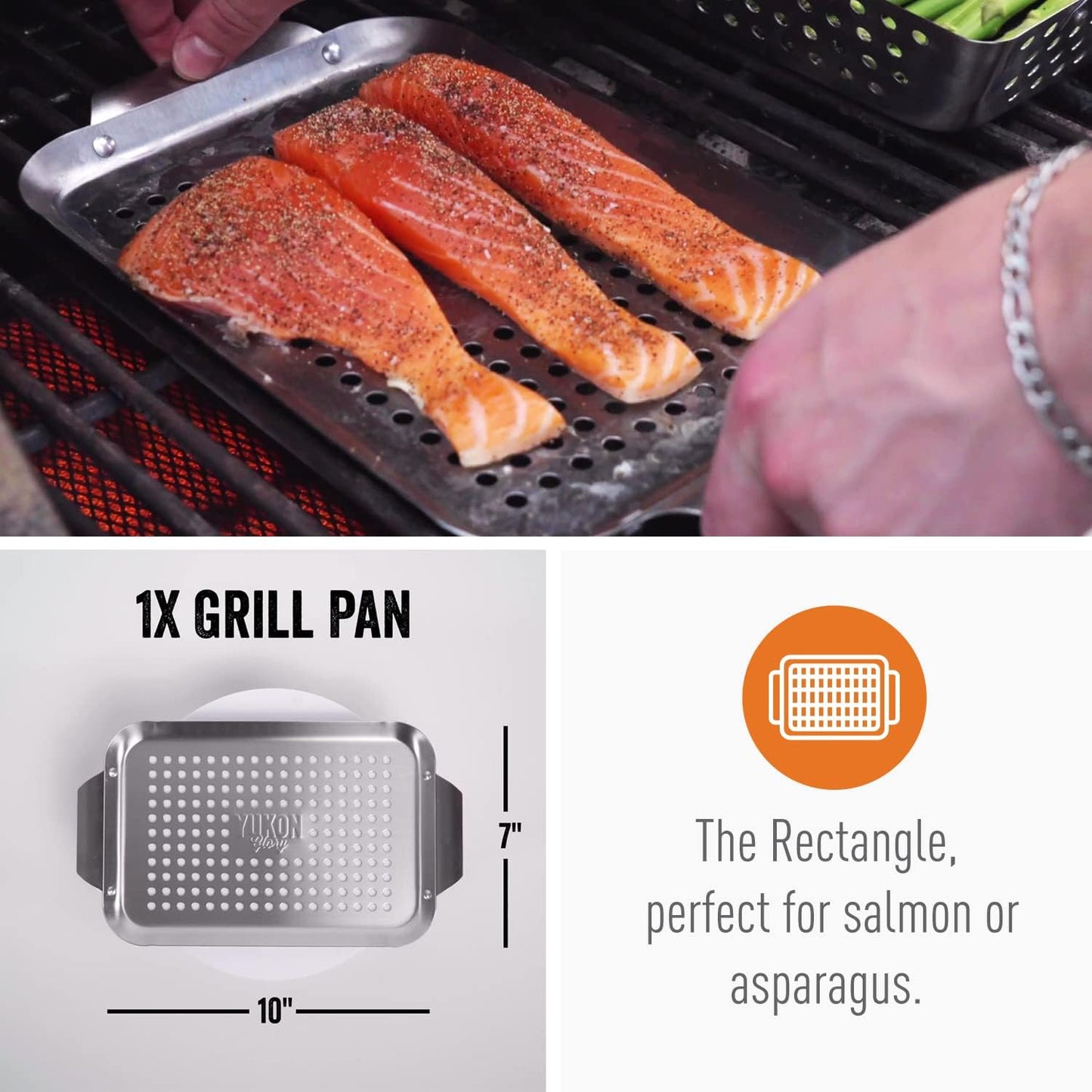 Grill Basket - Yukon Glory™ 3-Piece Mini Grilling Basket Set - Stainless Steel Perforated Grill Baskets for Grilling Veggies Seafood and Meats Includes Grill Pan - Square Basket and Circular Basket
