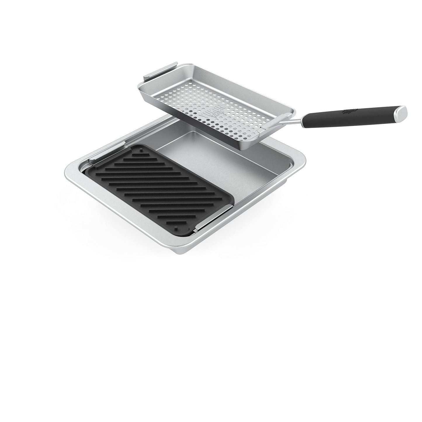 Yukon Glory SEAR 'N SERVE Cast Iron Grill Pan Set - Includes 3 Cast Iron Grilling Baskets & Clip-On Handle - Ideal for Stove Tops or Outdoor Grills
