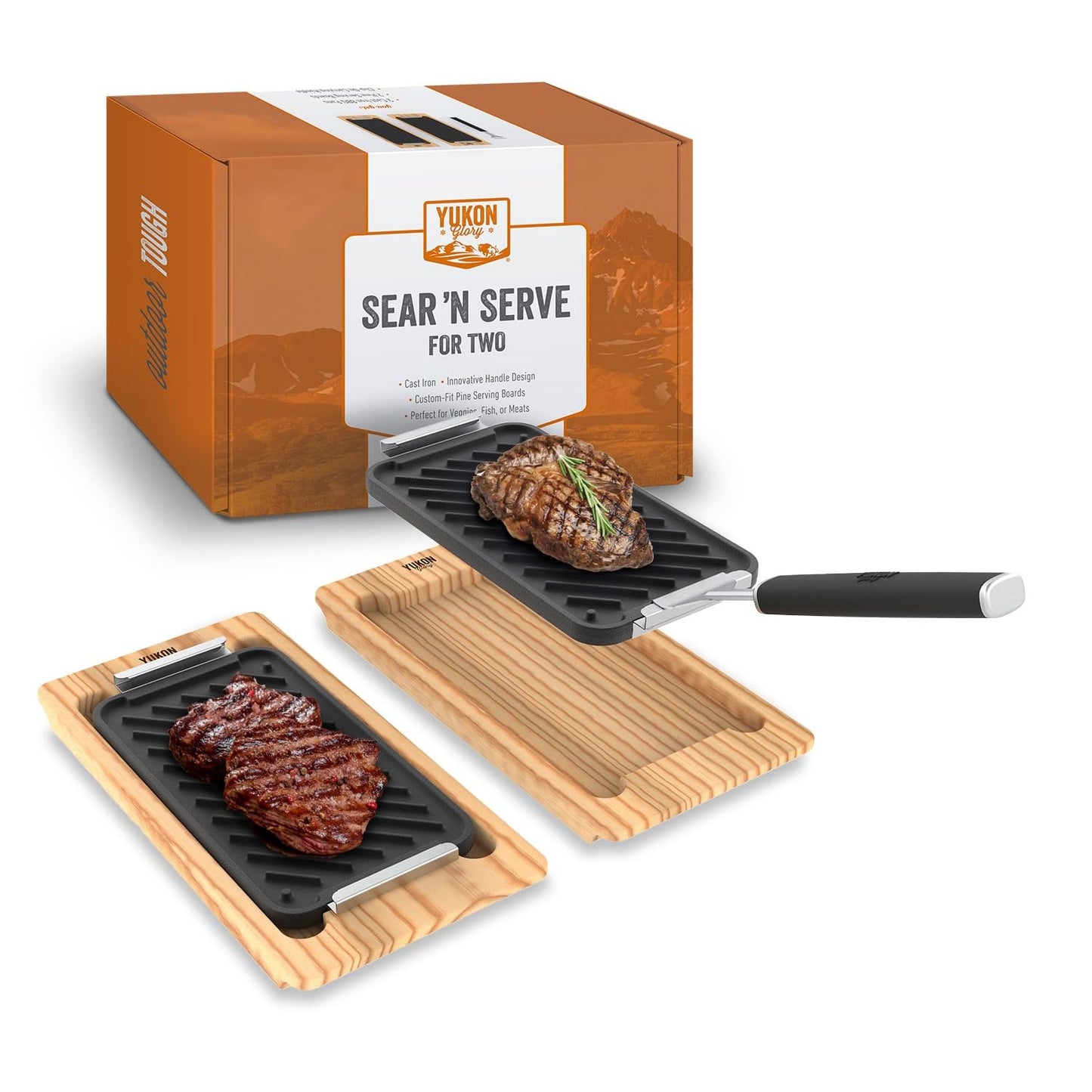 Yukon Glory SEAR 'N SERVE Cast Iron Grill Pan Set - Includes 3 Cast Iron Grilling Baskets & Clip-On Handle - Ideal for Stove Tops or Outdoor Grills