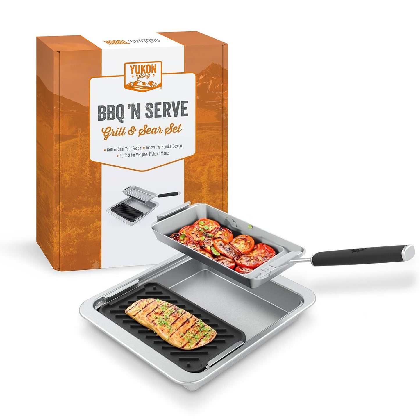 Yukon Glory SEAR 'N SERVE Cast Iron Grill Pan Set - Includes 3 Cast Iron Grilling Baskets & Clip-On Handle - Ideal for Stove Tops or Outdoor Grills