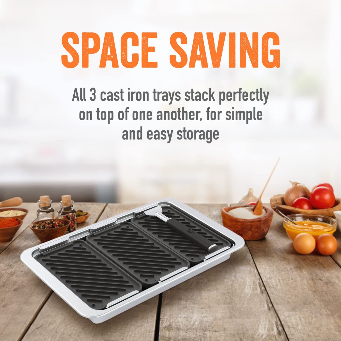 Yukon Glory SEAR 'N SERVE Cast Iron Grill Pan Set - Includes 3 Cast Iron Grilling Baskets & Clip-On Handle - Ideal for Stove Tops or Outdoor Grills