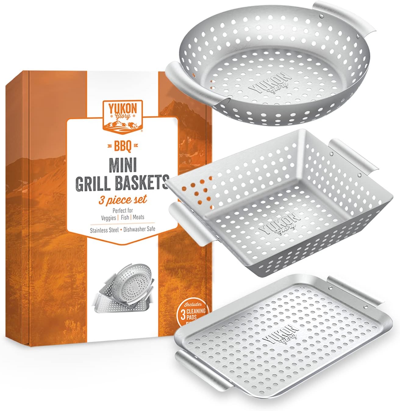 Grill Basket - Yukon Glory™ 3-Piece Mini Grilling Basket Set - Stainless Steel Perforated Grill Baskets for Grilling Veggies Seafood and Meats Includes Grill Pan - Square Basket and Circular Basket