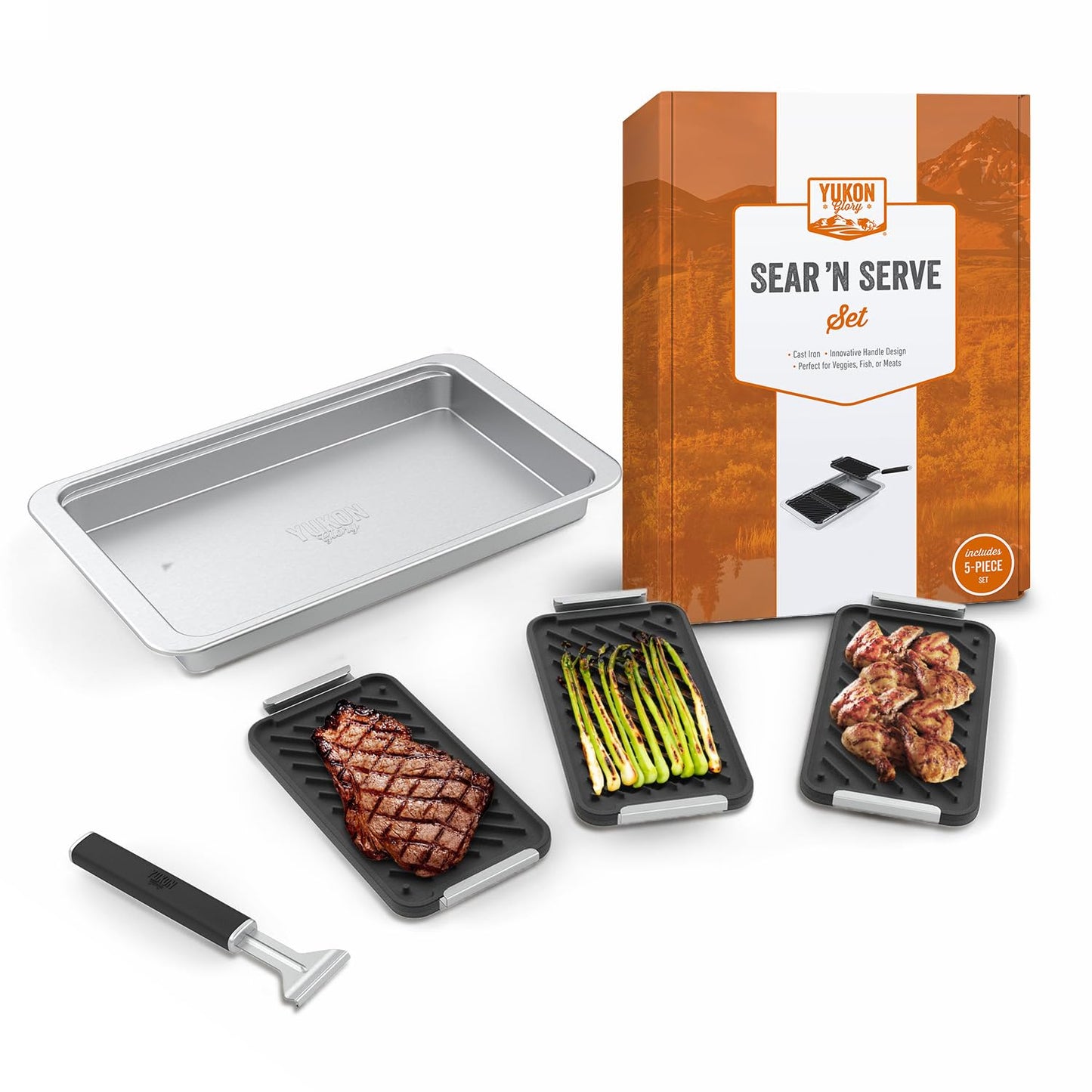 Yukon Glory SEAR 'N SERVE Cast Iron Grill Pan Set - Includes 3 Cast Iron Grilling Baskets & Clip-On Handle - Ideal for Stove Tops or Outdoor Grills