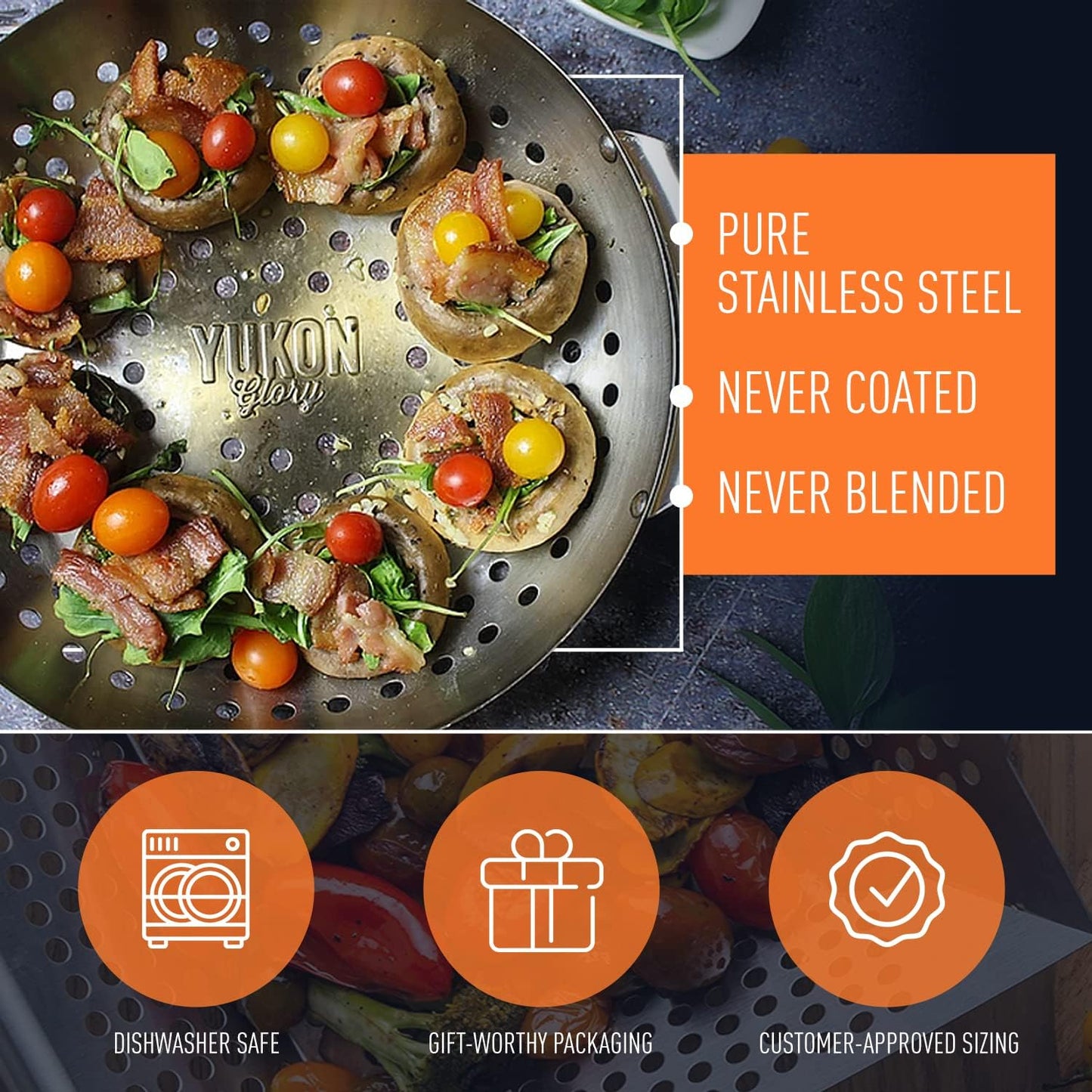 Grill Basket - Yukon Glory™ 3-Piece Mini Grilling Basket Set - Stainless Steel Perforated Grill Baskets for Grilling Veggies Seafood and Meats Includes Grill Pan - Square Basket and Circular Basket