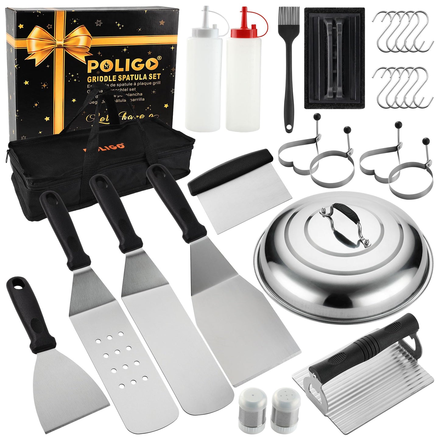 POLIGO 28PCS Griddle Accessories Kit, Flat Top Grill Accessories Set for Camp Chef, Grill Spatula Set with Enlarged Spatulas, Basting Cover, Scraper for Cooking Indoor or Outdoor Barbecue