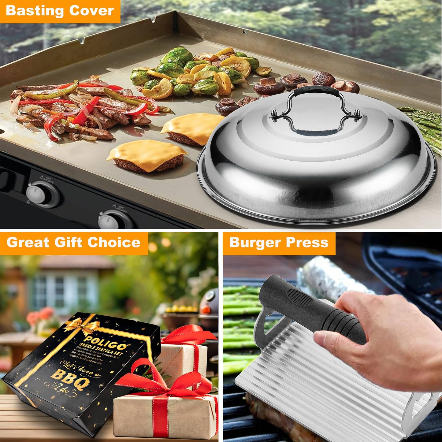 POLIGO 28PCS Griddle Accessories Kit, Flat Top Grill Accessories Set for Camp Chef, Grill Spatula Set with Enlarged Spatulas, Basting Cover, Scraper for Cooking Indoor or Outdoor Barbecue