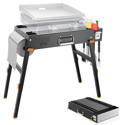Yukon Glory™ Universal Portable Grill Table/Flat Top Grill Griddles Stand with Built in Caddy - Designed to Fit Tabletop Blackstone Griddle & Many Others - Outdoor Cooking Camping & Tailgating