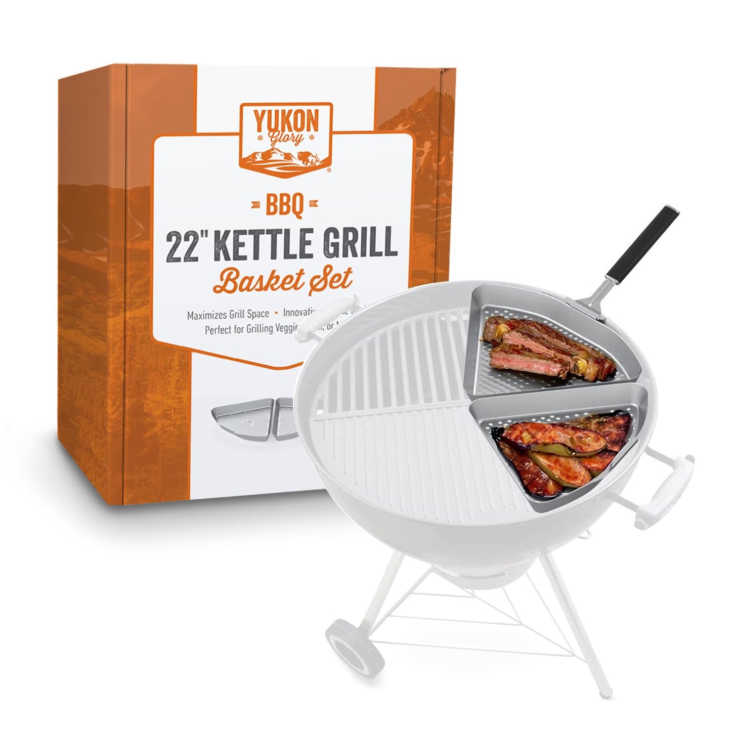 Yukon Glory™ BBQ Grill Basket for Kettle Grills - The Kettle Grill Accessories for Outdoor Grill Set Includes 2 stainless steel grilling baskets & Clip-On Handle Designed for 22" Kettle Grill Models - a Perfect Fish Grill Basket & Grill Vegetable Basket