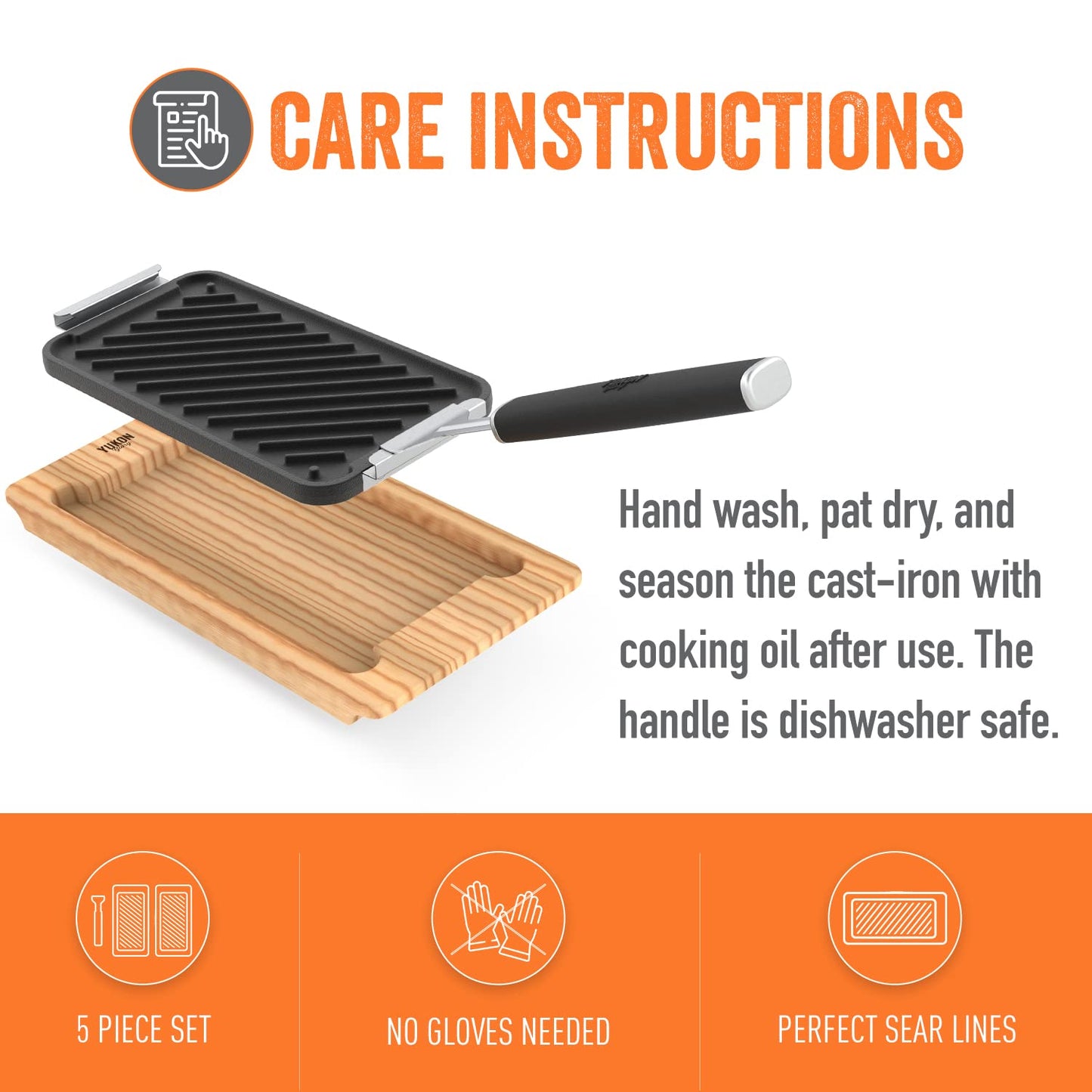 Yukon Glory SEAR 'N SERVE Cast Iron Grill Pan Set - Includes 3 Cast Iron Grilling Baskets & Clip-On Handle - Ideal for Stove Tops or Outdoor Grills