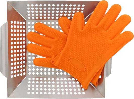 Yukon Glory Stainless Steel Grill Pan & BBQ Glove Set, Perfect for Veggies, Fish or Meat