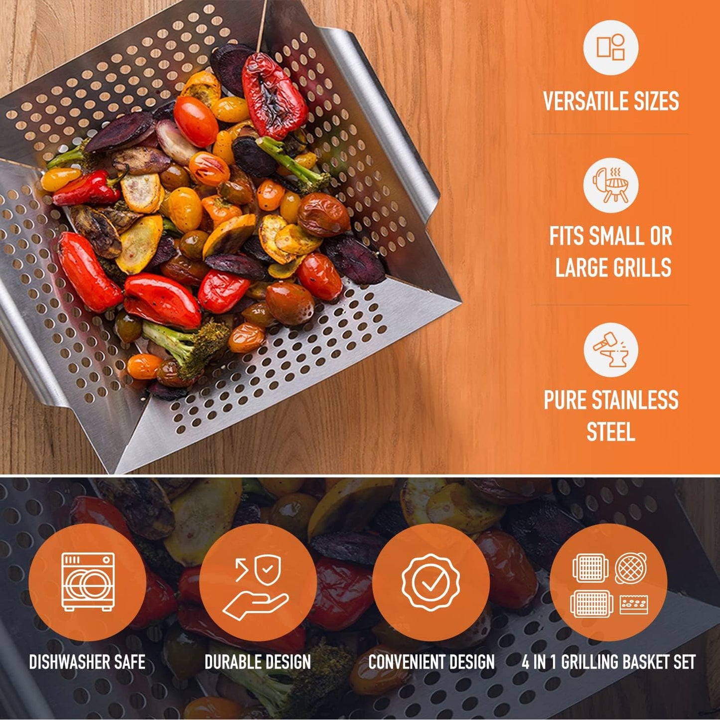 Grill Basket - Yukon Glory™ 3-Piece Mini Grilling Basket Set - Stainless Steel Perforated Grill Baskets for Grilling Veggies Seafood and Meats Includes Grill Pan - Square Basket and Circular Basket